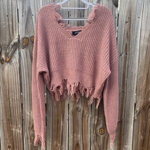 Cozy V-Neck Distressed Sweater in Dusty Pink